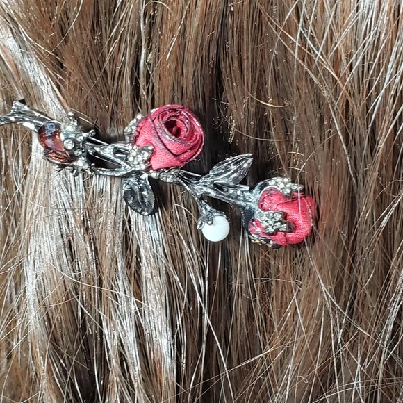 Deep Red Petite Silk Roses Hair Barrette - Hair Clip with Pearl & Garnet Crystal - Picture 5 of 9